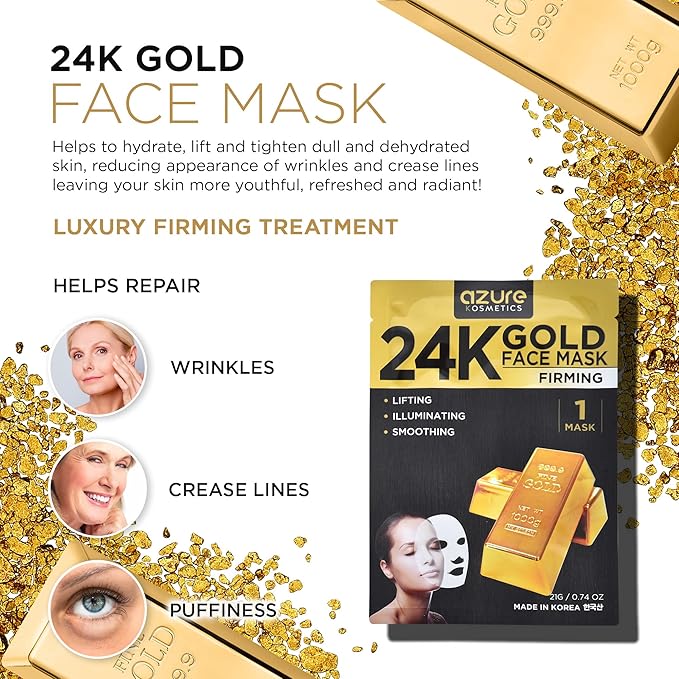 Azure Cosmetics 24K Gold Firming Face Mask- Anti Aging, Hydrating, Toning & Firming Facial Mask - Helps Reduce Wrinkles & Fine Lines - With Hyaluronic Acid & Collagen - Made in Korea - Pack of 5