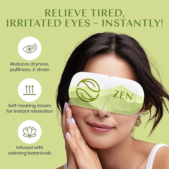 Body Restore Self Heated Steam Eye Mask 5 Pack - Easter Basket Stuffers, Relaxation Gifts for Her and Him, Best Friend, Stye Eye Treatment, Disposable Heating Pad, Travel Essentials - Green Tea