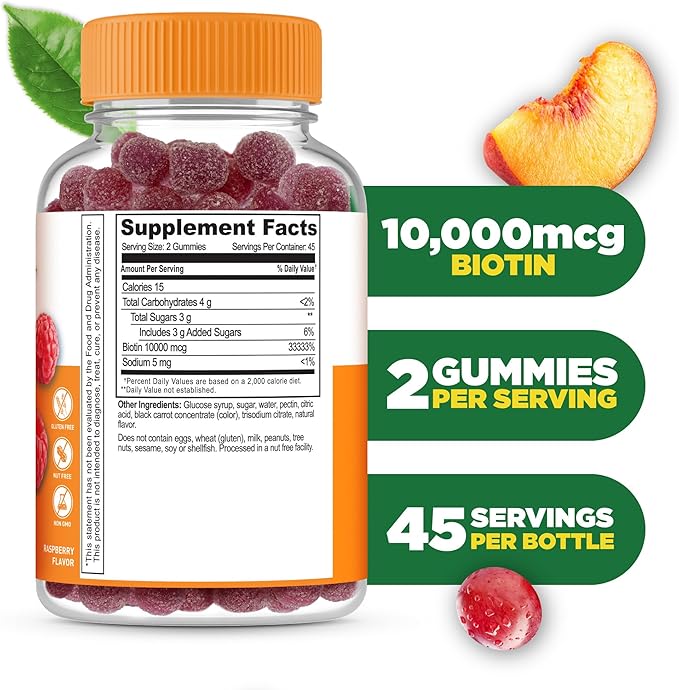 Lifeable Biotin Gummies | 10,000mcg | Great Tasting Hair Skin and Nails Gummies | GMO-Free Vegan Biotin Supplement | Hair Skin and Nails Vitamins for Women | 90 Gummies