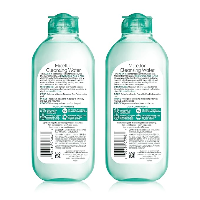 Garnier Micellar Water with Hyaluronic Acid, Facial Cleanser & Makeup Remover, Hydrating and Plumping, For All Skin Types, Vegan, Cruelty Free, 13.5 Fl Oz (400mL), 2 Count