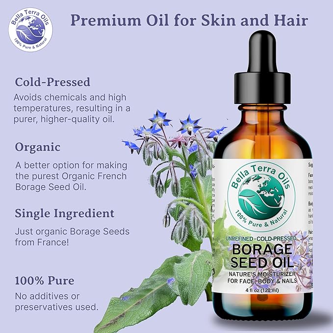 Bella Terra Oils - Organic Borage Seed Oil 16 oz - Unveiling the Power of GLA & Vital Vitamins, Pure Nourishment, Elevate Every Skin Care Routine