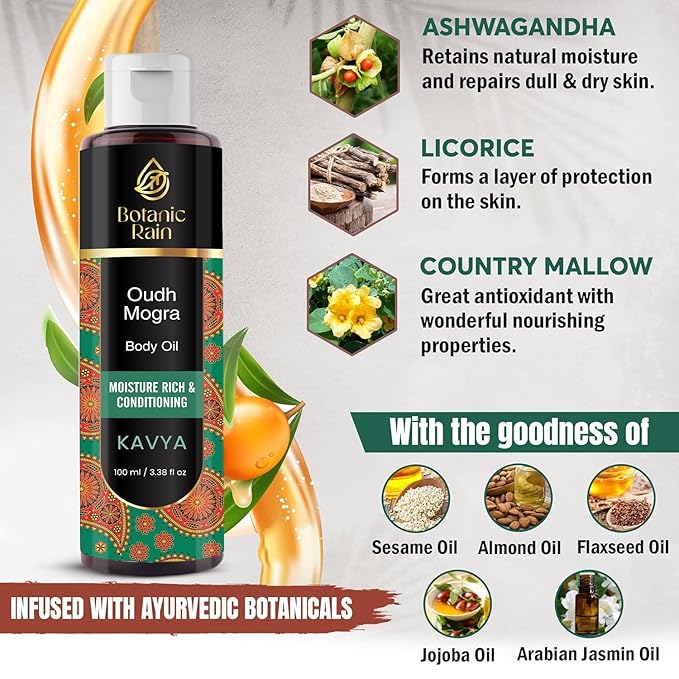 Ayurveda Body Oil With Oudh & Mogra, Organic Body Oil After Shower, Moisturizing & Hydrating Natural Body Oils For Women And Men (Pack of 2, Oudh Mogra)