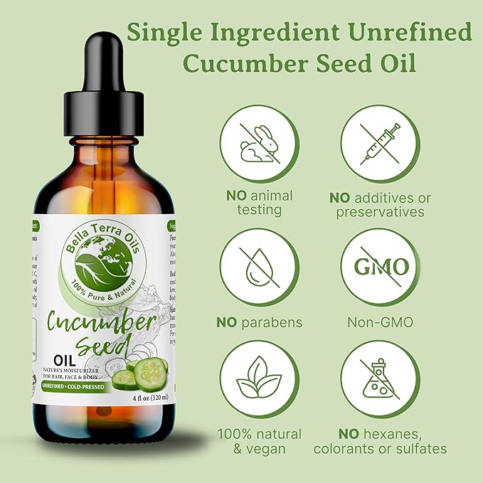 Bella Terra Oils - Cucumber Seed Oil 4oz - A Symphony of Nutrients & Essential Fatty Acids, Cucumber's Gift for Lustrous Skin Brilliance