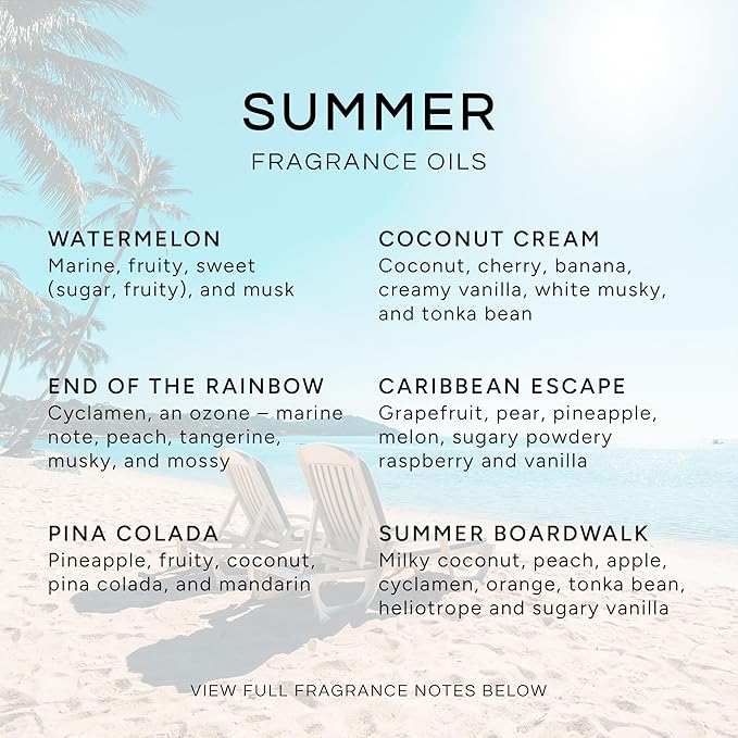 Eternal Essence Oils Summer Set of 6 Premium Fragrance Oils - Includes Watermelon, Caribbean Escape, Coconut Cream, End of The Rainbow, Pina Colada, and Summer Boardwalk Scented Oils - 10ML