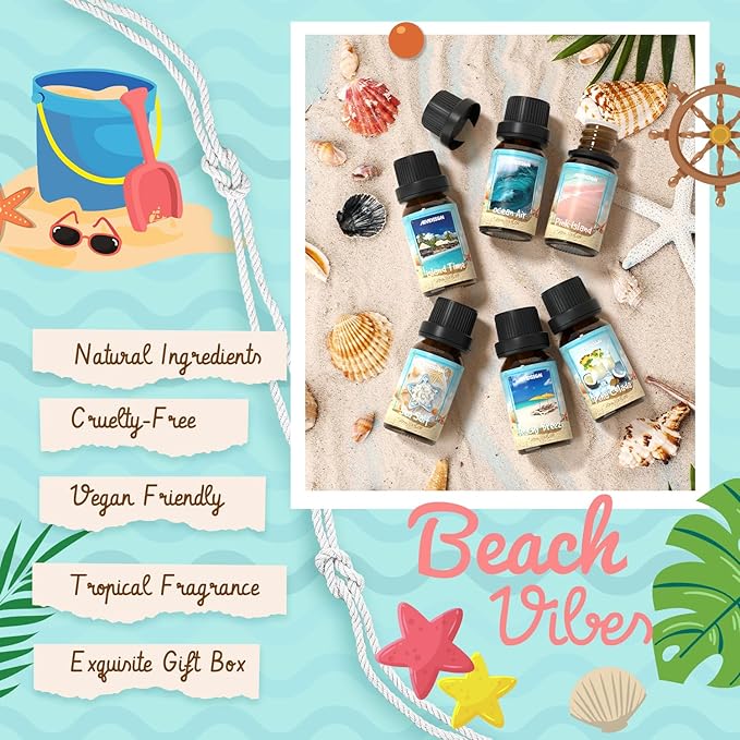 Beach Fragrance Oils Set, ARVIDSSON Summer Essential Oils for Diffuser - Beachy Breeze, Ocean Air, Pina Colada, Pink Sand, Sea Salt, Island Time, Tropical Scented Oil