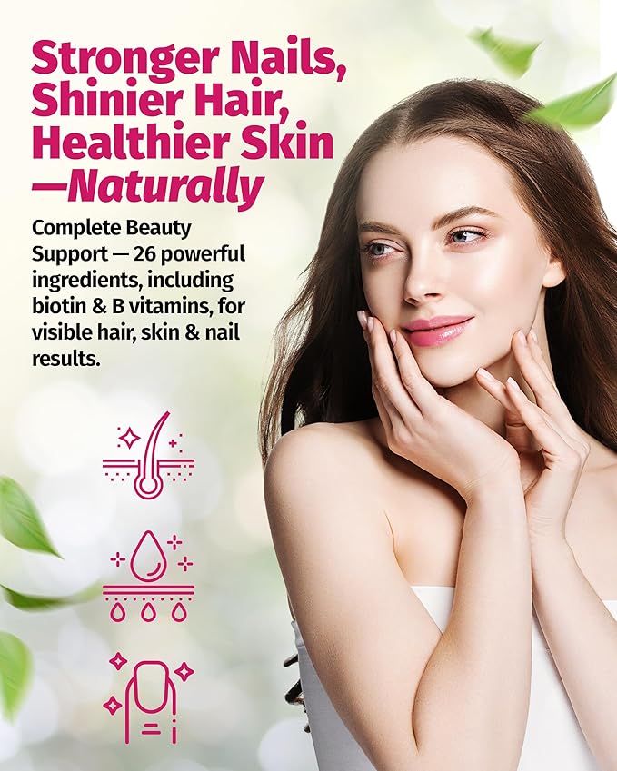 1 Body Hair Skin and Nails Vitamins with Biotin – Contains 26 Vitamins, Minerals and Herb Extracts – Hair and Nail Growth, Glowing Skin Supplements Formula for Men and Women – 60 Vegan Capsules