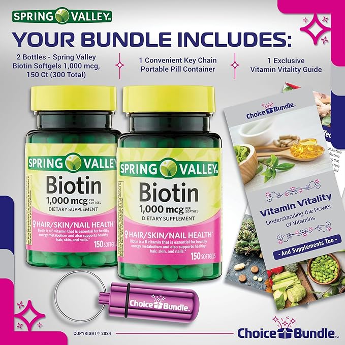 Spring Valley Biotin Softgels 1000mcg Dietary Supplement for Hair Skin Nail Health 150 Ct 2 pk (300 Total) + Vitamin Guide & Pill Container (4 Items)!