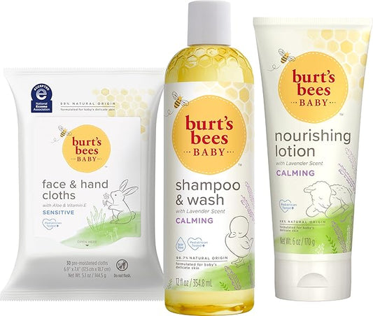 Burt's Bees Baby Gift Set for Baby Showers, Includes Baby Essentials, Shampoo and Wash with Lavender, Body Lotion, Wipes and Cloths, Naturally-Derived Origin Skincare, 3 Count