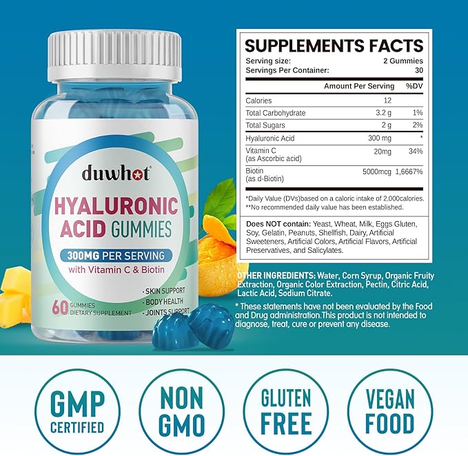 Hyaluronic Acid Gummies, Hyaluronic Acid Supplements Gummies, Hyaluronic Acid with Vitamin C & Biotin 5000mcg for Hair Skin Nails Gummies, 120 Chews