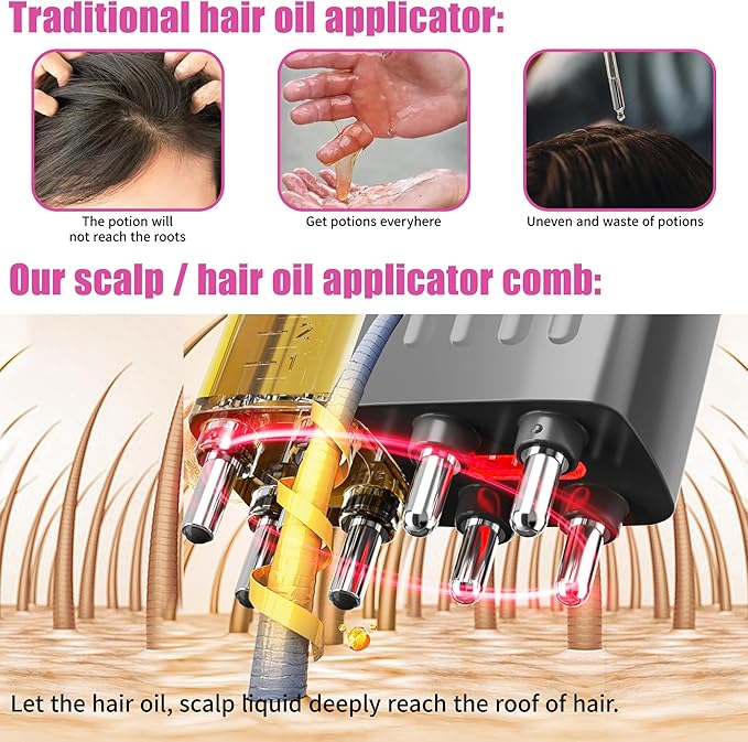 Electric Hair Oil Applicator for Scalp with Massage, Scalp Massager for Scalp Care | Hair Oiling Applicator & Oil Bottles for Healthy Hair | Electric Hair Brush for Healthy Scalp (Pink)