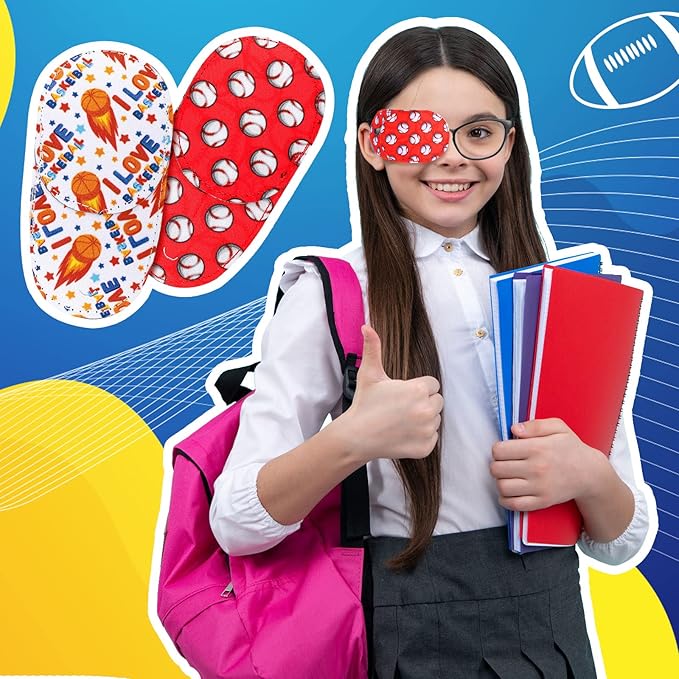 Newcotte 12 Pcs Eye Patch for Kids Toddler Reusable Adjustable Girls Boys Eyepatch for Glasses Left or Right Eye Patch, Assorted Patterns(Sports)