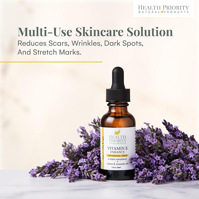 Health Priority Organic Vitamin E Oil for Skin & Scars - 15000 IU, 1 Fl Oz - Handmade in South Carolina, Non-GMO, Gluten & Cruelty Free, Vegan - Lavender Scented
