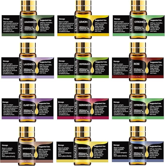 Essential Oils by SACATR Natural Essential Oil Set -12 Essential Oils Gift Set for Diffuser, Massage, Fragrance Oil Scent for DIY Candle and Soap Making (12 * 5ML)