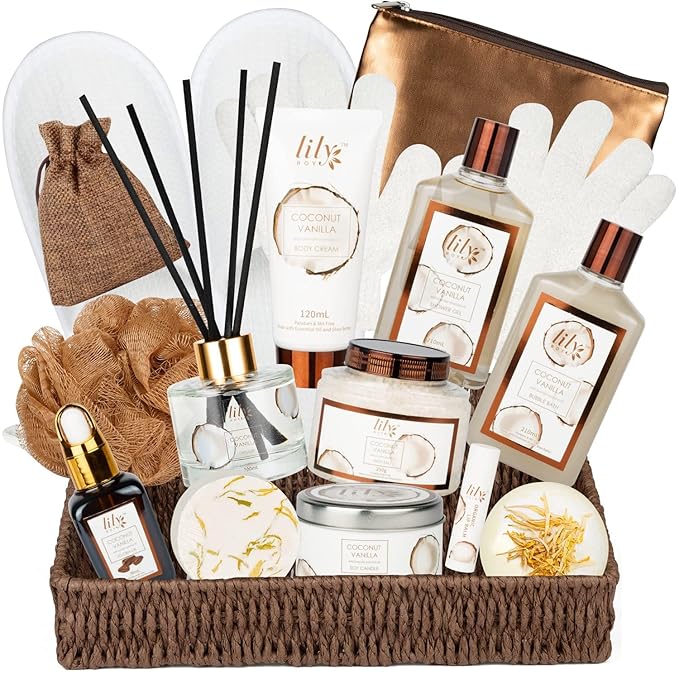 Mothers Day Gifts for Mom Coconut Vanilla Spa Gift Basket for Women 17-Piece Luxury Bath and Body Basket Set with Shower Gel Diffuser Relaxing Self Care Pampering Gifts for Her Birthday Bridal Shower