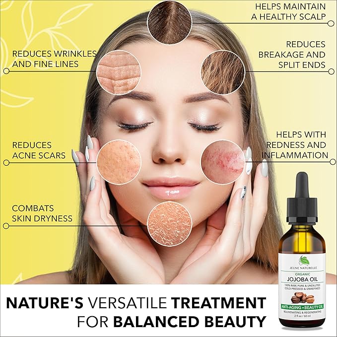 Jeune Naturelle Jojoba Oil Organic Cold Pressed - 100% Pure, Raw, Virgin, Undiluted, Unrefined - Ideal for Hair, for Skin, for Hair Growth, 2 oz