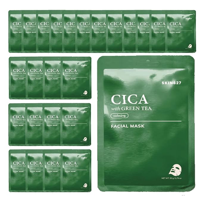 SKIN627 Bulk 24PK Face Masks Skincare, Facial Mask, Sheet Masks Korean (24PK Cica with Green Tea)