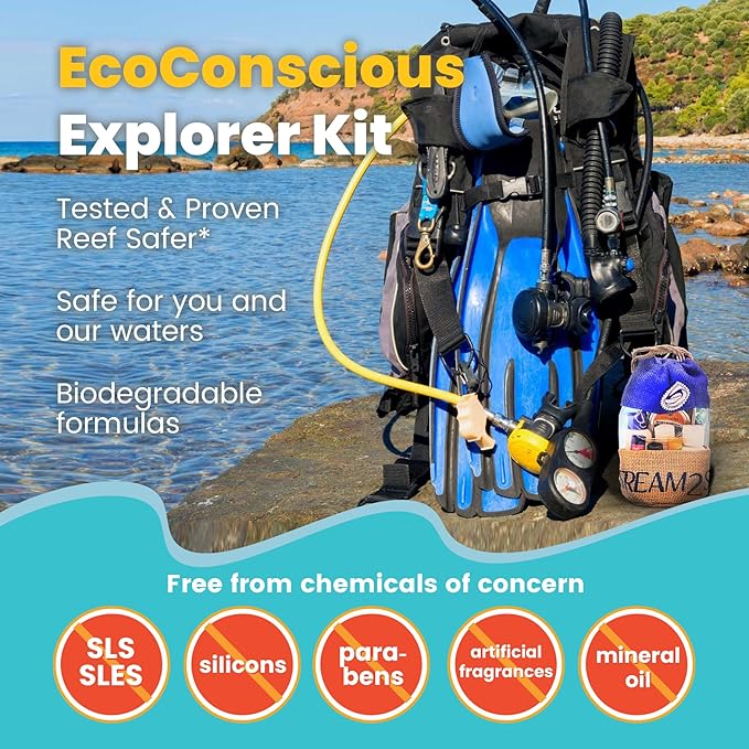 EcoConscious Travel Kit Body & Hair Care Gift Set | Shampoo & Body wash | Conditioner | SPF30, SPF20 and Mineral Sunscreen | SPF 30 Cucumber Mint and Hydrate Cherry Vanilla Lip Balm by Stream2Sea