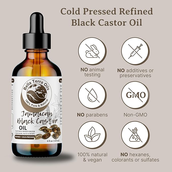 Bella Terra Oils - Black Castor Oil 2oz - Cold-Pressed Purity, A Beacon of Natural Beauty, Loaded with Beneficial Fatty Acids