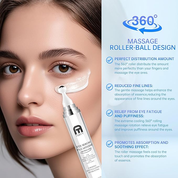 Eye Serum, Under Eye Cream For Dark Circles, 8% Caffeine Eye Serum For Women & Men, Eye Cream Anti Aging With 360° Massage Ball, Eye Cream For Puffiness And Bags Under Eyes, Eye Serum For Fine Lines