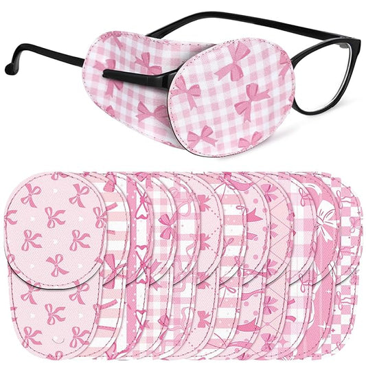 Newcotte 12 Pcs Eye Patch for Kids Toddler Reusable Adjustable Girls Boys Eyepatch for Glasses Left or Right Eye Patch, Assorted Patterns (Pink Coquette Bow)