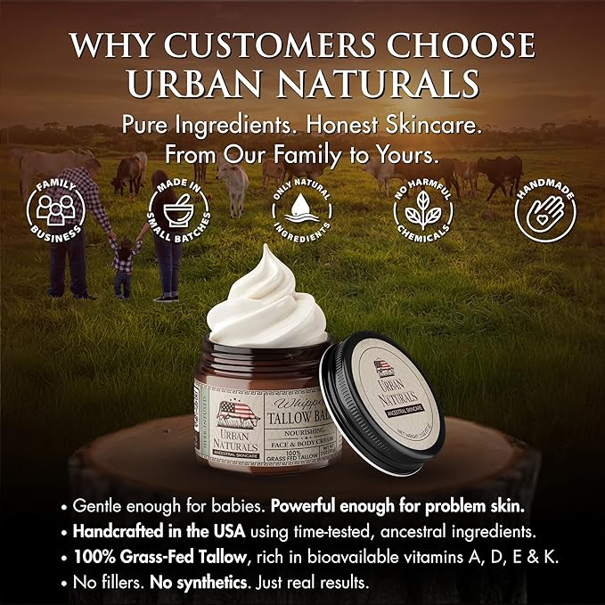 Urban Naturals Handmade Whipped Tallow Balm (Unscented/Herb-Infused) - 100% Grass-fed Organic Body Butter with Infused Jojoba Oil, for Eczema, Rosacea, Baby - 2 oz