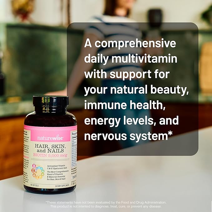 NatureWise Hair Skin and Nails Vitamin, Biotin 5000mcg w/Hyaluronic Acid, Collagen for Women with C, B Complex, D3, A, E, Iron - Non-GMO, Gluten Free - 540 Softgels[6-Month Supply]