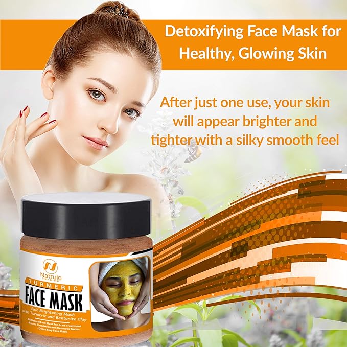 Natrulo Turmeric Face Mask - Skin Brightening Mask with Turmeric and Bentonite Clay - All-Natural Face Mask for Acne Treatment - Boosts Circulation and Removes Toxins - Detox Clay Face Mask