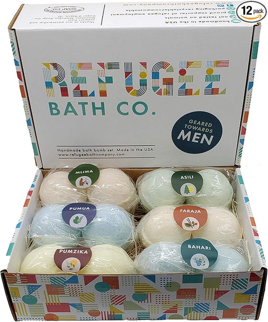 Mens Variety Bath Bombs, 2.5 oz Each, Cocoa Butter and Plant Based Ingredients, Vegan, Support Refugee Employment in The USA, Made in The USA