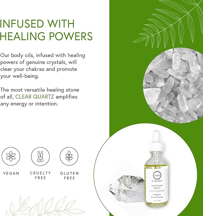 Honeybee Gardens Crystal Infused Body Oil, Clear Quartz, Organic, Moisturizing, Non-Greasy, for All Skin Types, 2 Fl Oz