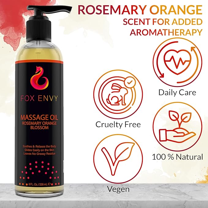 Massage Oil for Couples, Women & Men (1 Bottle, 8 fl oz) - Fox Envy Orange Blossom with Rosemary Scented Sensual Oil with Coconut Oil & Jojoba Oil - Enhances Stimulation for The Body & Muscles