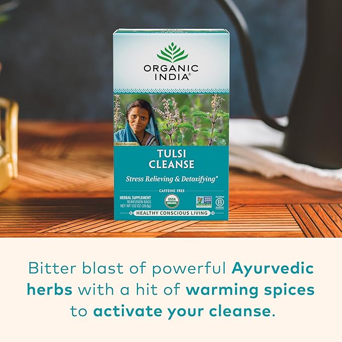 ORGANIC INDIA Tulsi Cleanse Tea - Holy Basil, Ginger, Turmeric, Herbal Tea, Stress Relieving & Cleansing, Immune Support, Adaptogen, Organic, Non-GMO, Caffeine-Free - 18 Infusion Bags, 3 Pack