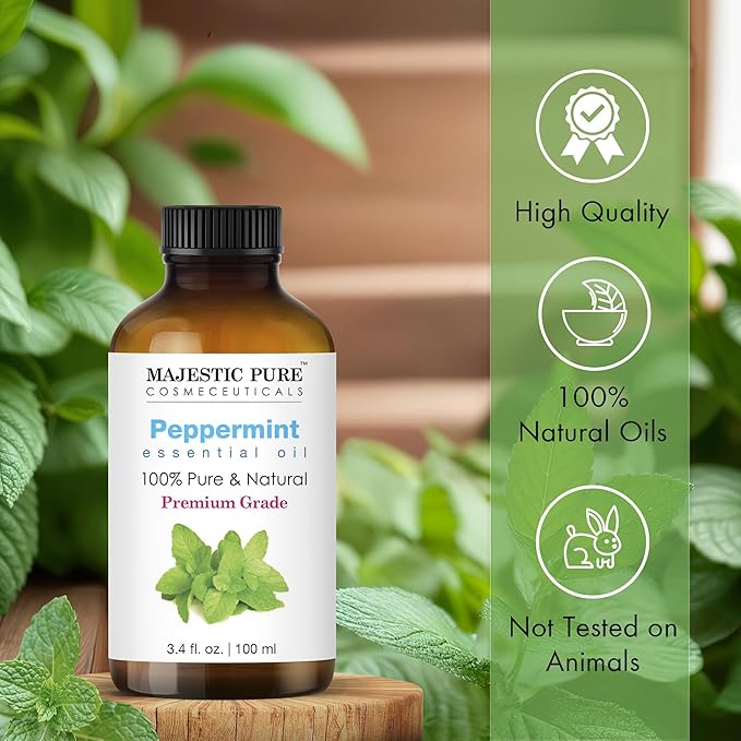 MAJESTIC PURE Peppermint Essential Oil | 100% Pure and Natural | Premium Grade Essential Oils for Hair Care, Home Diffusers, Skin, Aromatherapy, Massage and Humidifiers | 3.4 Fl Oz