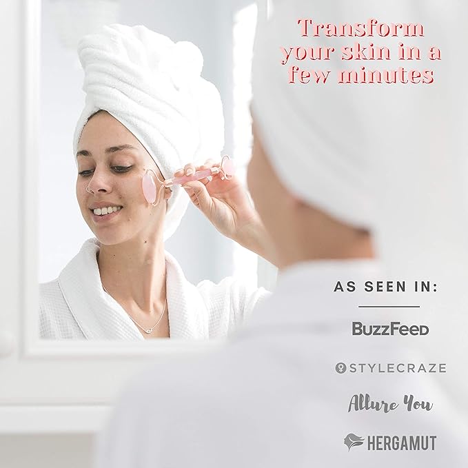 WITTY Rose Quartz Roller for Face, Gua Sha Stone Set in Hand-Drawn Giftbox - Jade Face Roller, Face Massager Roller, Face Scraper Tool - Guasha Tool for Face Roller Skin Care, Eyes, Neck - Extra Pouch