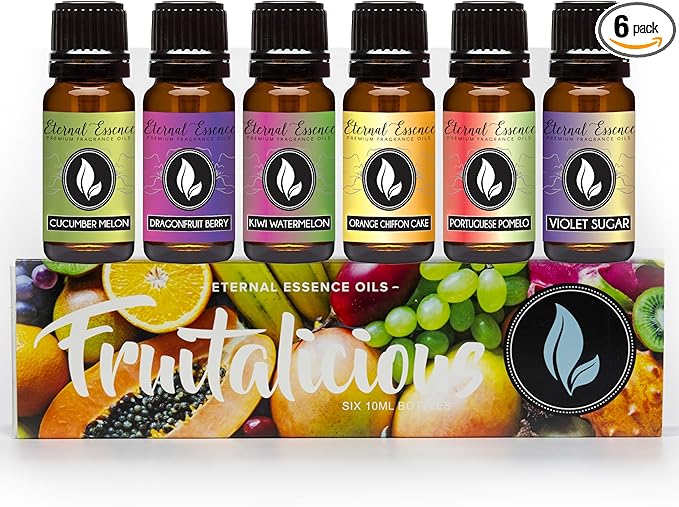 Eternal Essence Oils Fruitalicious Set of 6 Premium Fragrance Oils - Violet Sugar, Kiwi Watermelon, Orange Chiffon Cake, Cucumber Melon, Portuguese Pomelo, and Dragon Fruit Berry Scented Oils - 10ML