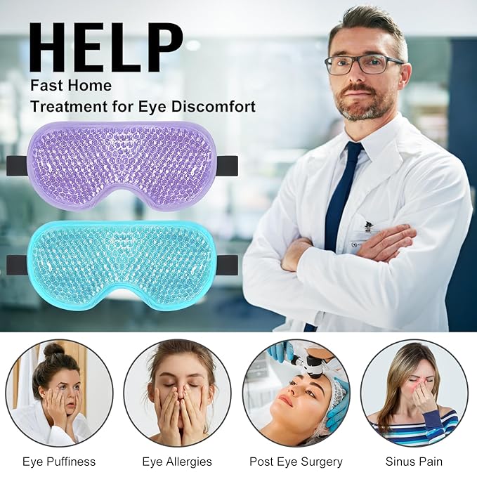 BeeVines Gel Eye Mask, 2 Pack Cooling Ice Masks for Puffy Eyes for Men & Women, Cold & Warm Compress for Post Surgery, Puffiness, Allergies, Sinuses & Migraines Treatment(Blue & Purple)