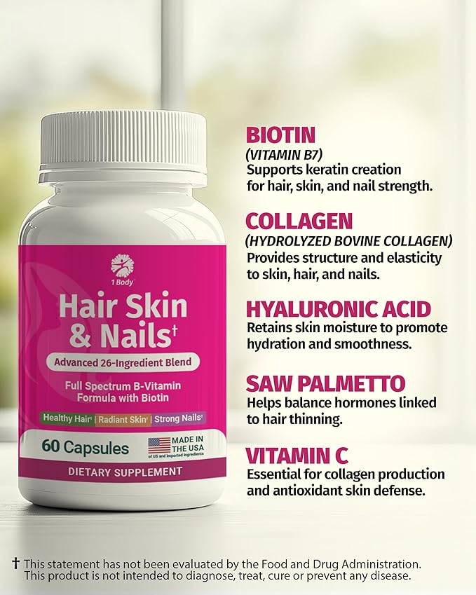 1 Body Hair Skin and Nails Vitamins with Biotin – Contains 26 Vitamins, Minerals and Herb Extracts – Hair and Nail Growth, Glowing Skin Supplements Formula for Men and Women – 60 Vegan Capsules