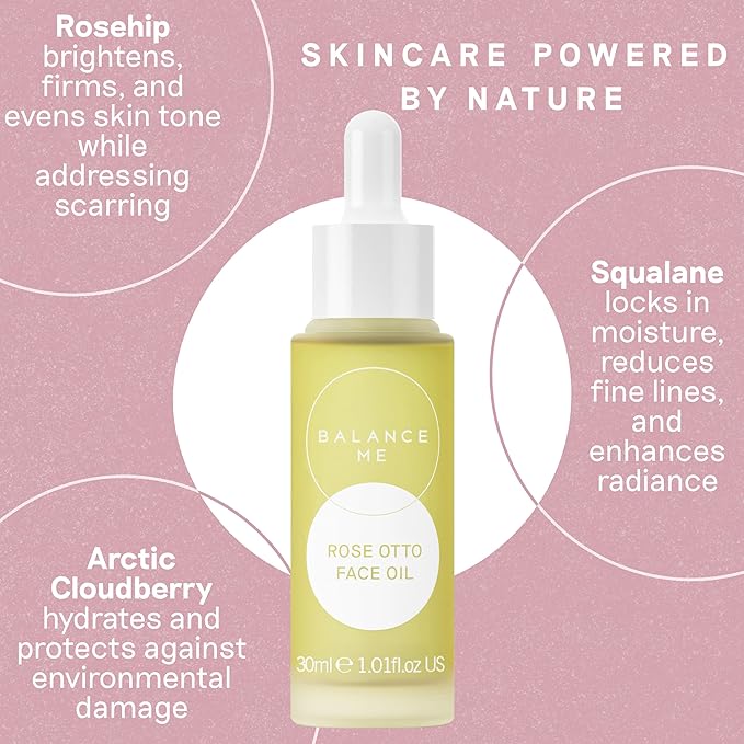 Balance Me Rose Otto Face Oil 1.01 fl oz, With Rosehip Oil To Hydrate & Nourish, Redness Reducing Skin Care Facial Oil