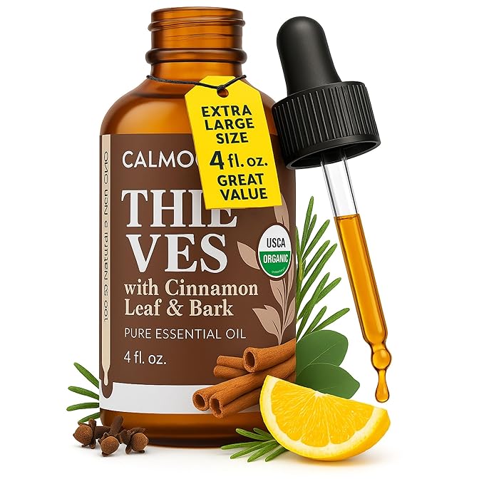 CALMOURA Organic Thieves Oil Essential Oil — USDA Certified Therapeutic Grade — (4 oz | 118 ml) — Based on The Tale of Four Thieves — Five Guards Essential Oil
