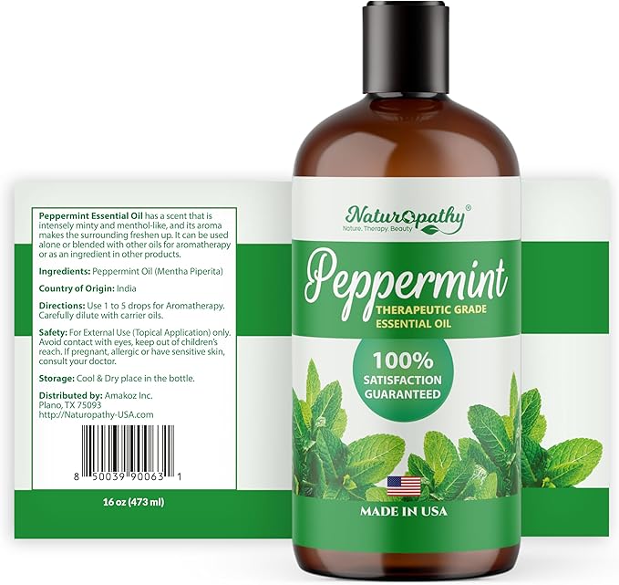 Naturopathy Essential Oil, Therapeutic Grade, Premium Quality Perfect for Aromatherapy (16oz, Peppermint)