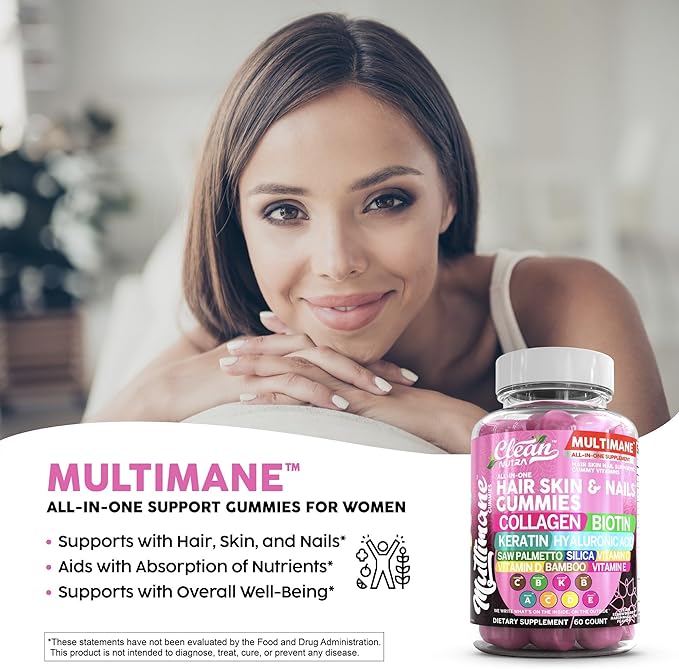 Multimane Collagen Gummies with Biotin Keratin Hyaluronic Acid Bamboo Vitamin A C Vitamin D Vitamin E Folate Saw Palmetto Silica B3 Vitamins Hair Skin and Nails Gummies by Clean Nutra