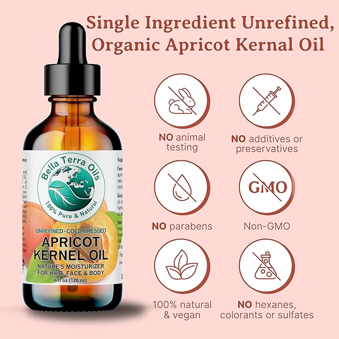 Bella Terra Oils - Organic Apricot Kernel Oil 4 oz - Pure Organic Apricot Essence, Abundant in Linoleic & Oleic Acid, A Luxurious Carrier Oil for Essential Oils