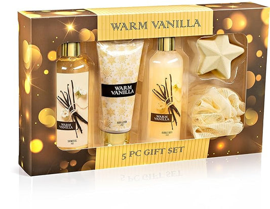 Freida & Joe Fragrance Bath & Body Collection Gift Box, Includes Shower Gel, Body Lotion, Body Scrub, Bath Bomb & Sponge (Warm Vanilla 2.0)