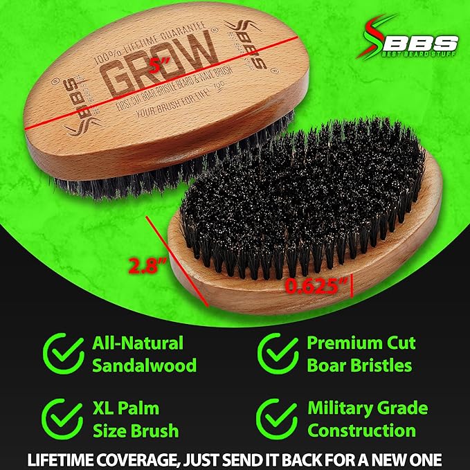 GROW First Cut Boar Bristle Beard & Wave Brush for Men 360 - Beard/Hair Growth Follicle Stimulator - Exfoliate - Detangle - Moisturize - Improve Circulation & Blood Flow (USA)