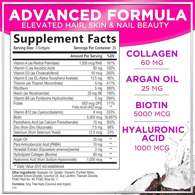 Hair, Skin & Nails Vitamins for Women - Biotin 5000mcg to Support Hair Growth with Argan Oil, Collagen & Hyaluronic Acid, Beautiful, Stronger Skin, Hair & Nails Vitamin Supplement - 60 Softgels