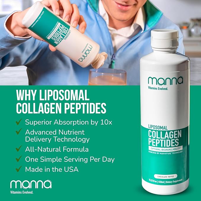 Manna Liposomal Collagen Peptides Liquid – 5000mg High Absorption Grass-Fed Type I & III Collagen for Skin, Hair, Nails, Joints – Hydrolyzed Collagen Supplement, Non-GMO, 16oz, for Women & Men