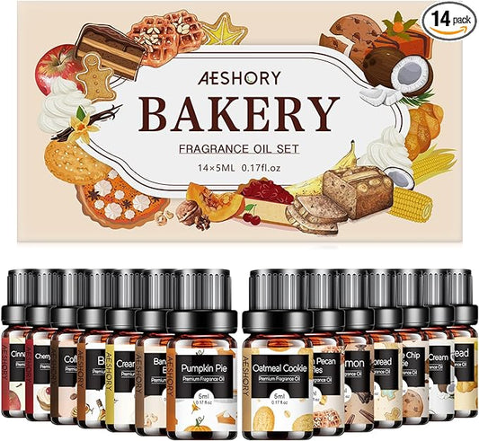 Bakery Essential Oils Set - Fragrance Oil for Diffusers, Candle Making - Pumpkin Pie, Coffee Cake, Oatmeal Cookie, Gingerbread, Cinnamon Apple Aromatherapy Scented Oils (5ml)