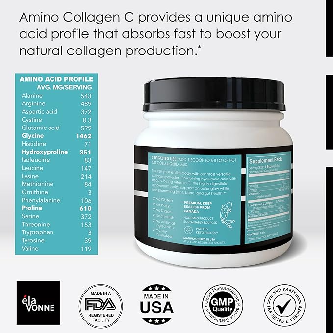 Amino Collagen C with Hyaluronic Acid (60 Servings _ 16oz _456g) - Non-GMO Marine Collagen Peptides - Hydrolyzed Powder - Unflavored - No Sugar - For Firm Skin, Hydration, Healthy Joints and Gut.