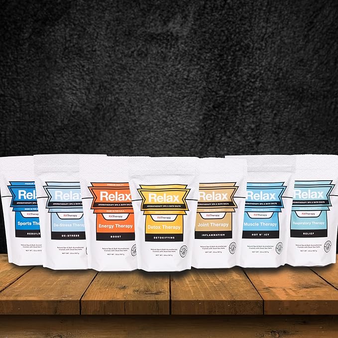 Relax Spa & Bath, Epsom & Dead Sea Salts, Aromatherapy Bath Salts for Hot Tub, Bath, or Spa, Infused with Magnesium, 32 oz Each, 7 Pack RX Therapy