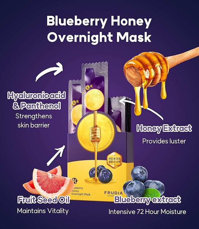 FRUDIA WELCOS Blueberry Honey Overnight Face Mask Korean Skin Care Facial Mask for Lackluster & Parched Skin Hydrating Moisturizing Face Mask w/Fruit Seed Oil Blueberry & Honey Extracts (Pack of 20)