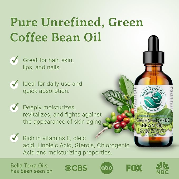 Bella Terra Oils - Green Coffee Bean Oil 8 oz - Famed for Trigonelline & Nutritional Compounds, Elevate Beauty Rituals with this Caffeine Oil Delight